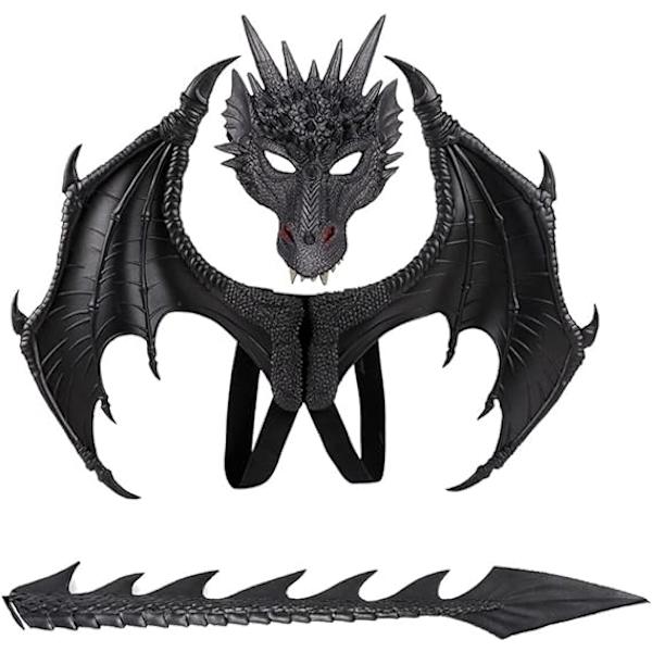 Lohikäärmeasu lapsille pojille ja tytöille, CRTEPST Lohikäärmeen siipi-häntänaamiosetti, Halloween-dinosauruksen cosplay-setti lapselle (musta)