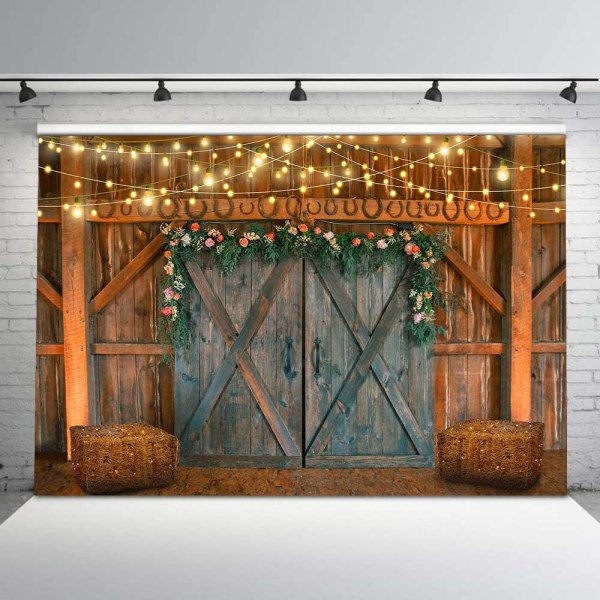 Puinen navettaovi tausta maatilan teemajuhliin 7x5ft Retro Cowboy Style Barn Door Hay Lights Maaseudun tausta juhlakoristeluun Tausta Valokuvastudio