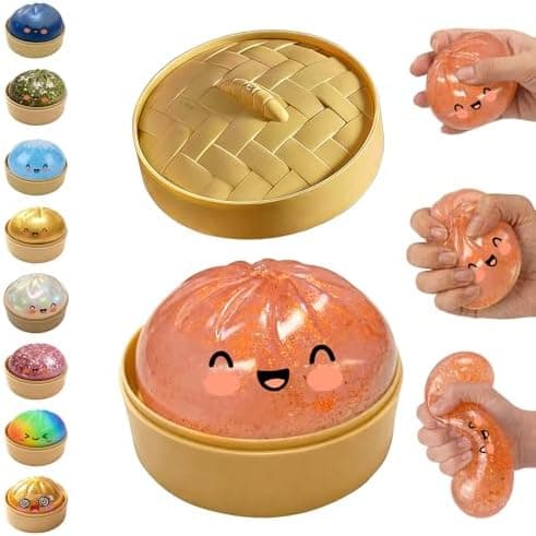Glitter Dumpling Squishy, Dumpling Squishies, Glitter Dumpling Mystery Box, Farverige Dumpling Stressbolde Fidget, Jumbo Squishy Legetøj med Damperkasse Sæt Glitter Gold