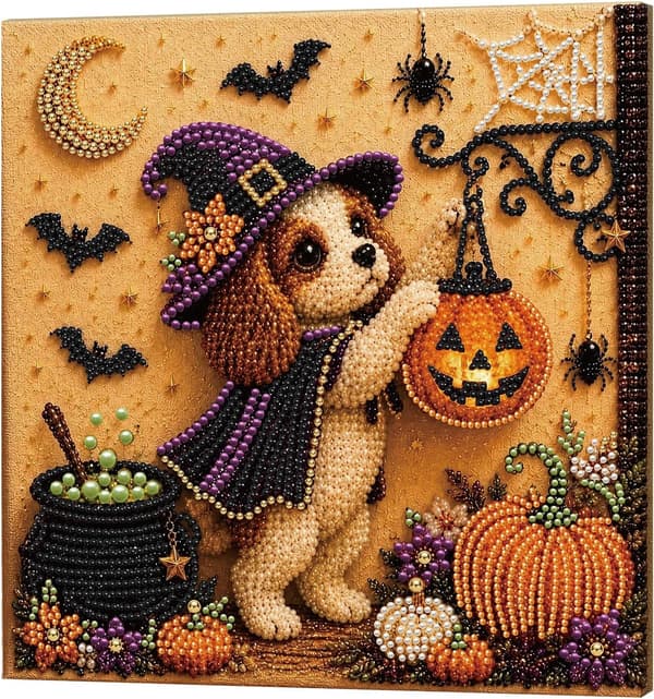 DIY Diamond Painting Kit with Frame 12 inch Spaniel Witch Pumpkin