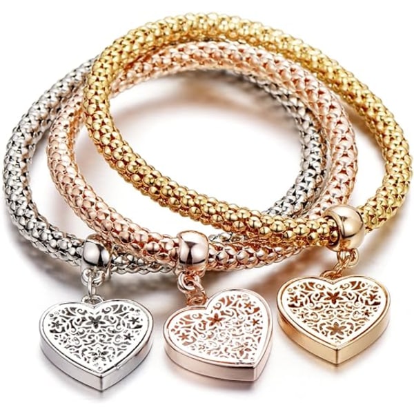 Crystal Charms Flerlagersarmband - 3st guld/silver/roséguld majskedja för kvinnor, livets träd Hjärtformat stretcharmband