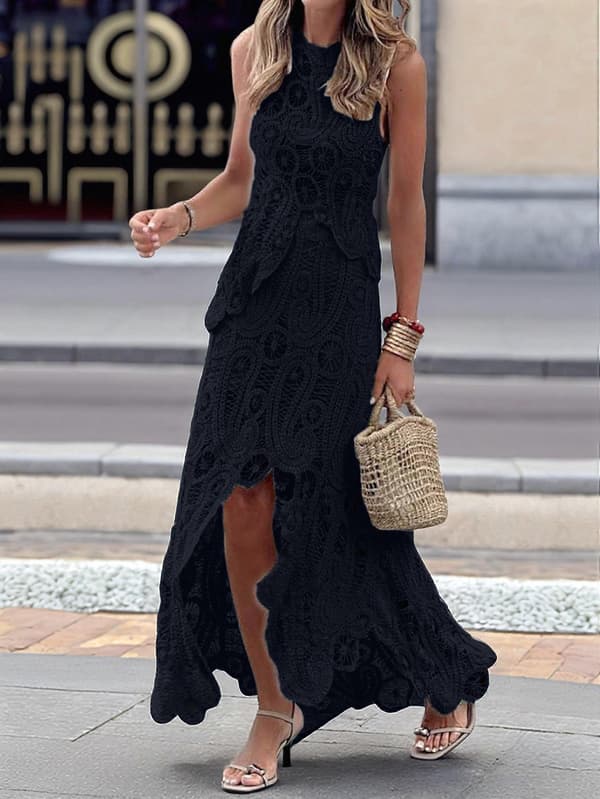 Kvinde todelt nederdelssæt sommer cut-out hi-low hæklet strikket maxikjole sort L Black L