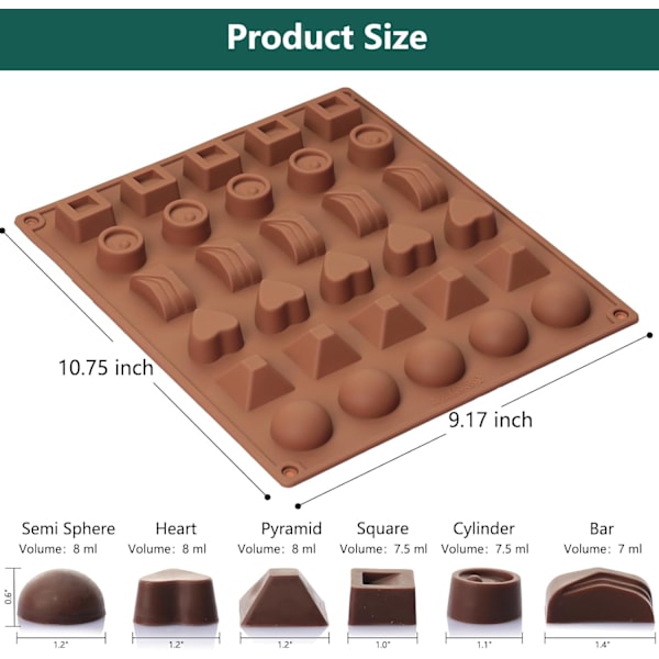 Chokladform i silikon med 30 håligheter, 6 olika former, lämplig för att göra choklad/kakdekorationer, lämplig för fester och firanden