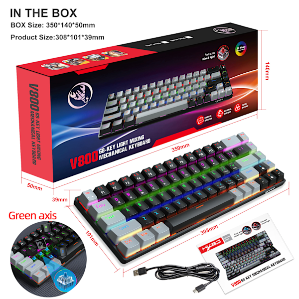 V800 68-tasters mekanisk spilltastatur, flerfarget LED-bakgrunnsbelyst kablet tastatur, støtter akseutskifting, egnet for WinXP/10/11, MAC, Linux (blå akse) GrayBlack