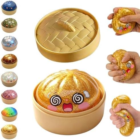 Glitter Dumpling Squishy, Dumpling Squishies, Glitter Dumpling Mystery Box, Farverige Dumpling Stressbolde Fidget, Jumbo Squishy Legetøj med Damperkasse Sæt Glitter Gold-c