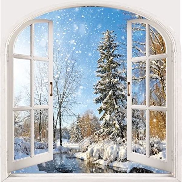 Vinter snöig duschdraperi, fönsterutsikt blå himmel vinter julgran flod natur snöig scen badgardiner för semester 71\" x 71\"