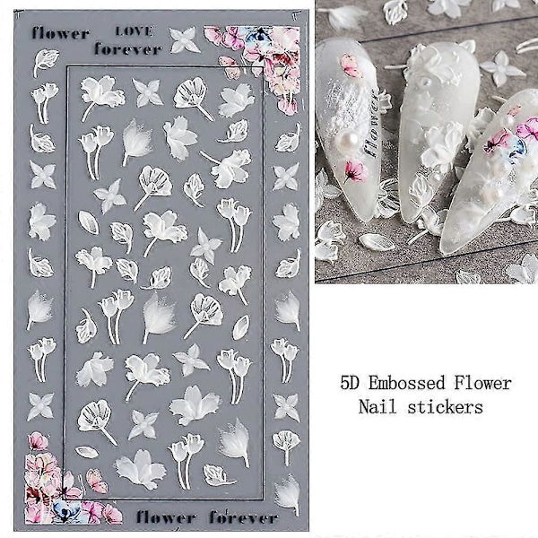 Blomster Nagelsticker Dekaler 5d Ihålig Utsökt Mönster Nagelkonst Tillbehör Självhäftande Lyxig Nagelkonst Dekoration Vit Fjäder Spets Blomma Löv