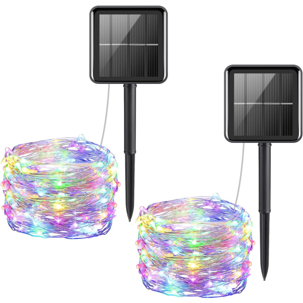 Uppgraderade Solcells-Ljusslingor, Mini 100 LED Koppartrådslampor, Fe-Ljus, Vattentäta Solcellsdekorationer för Inomhus och Utomhus (Flerfärgad - 2-pack)