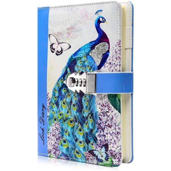 A5 Creative Password Lock Journal PU Leather Combination Lock Diary Digital Password Notebook Locking Journal Diary (Peacock 2)