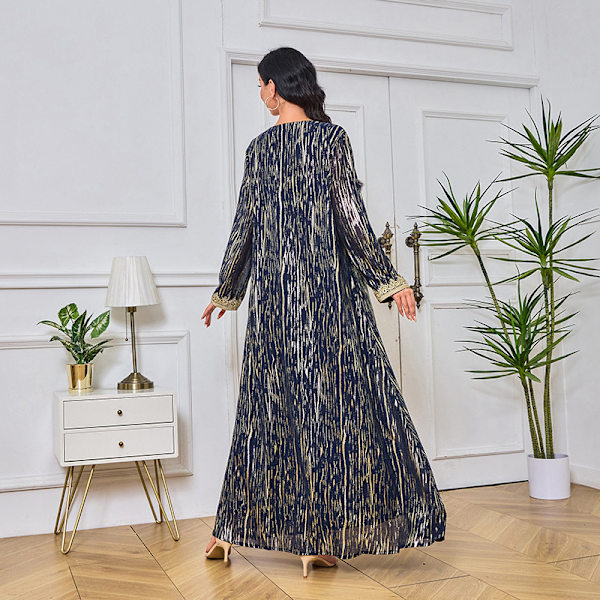 Damekjole V-hals slim fit bundstof varm stempling moderigtig high-end robe (Blå,XL) Blue XL