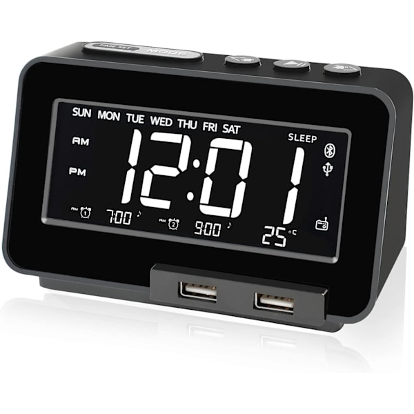 K5 Bluetooth-väckarklockradio, USB-spelare, steglös dimmer, dubbla separata larm med helgläge, sömntimer, USB C-laddare, batteribackup