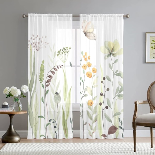 Blomster sommerfugl gardiner til stue 63 tommer (ca. 160 cm) lang 2-delt sett elegant gul floral