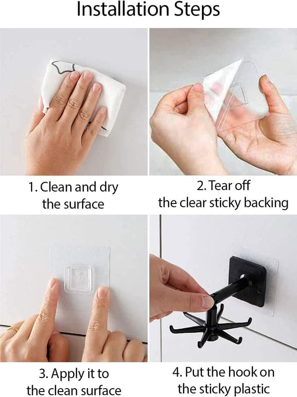 6-pack Black Self-Adhesive Hooks - 360° Rotatable Kitchen & Bathroom Organizer for Utensils, Towels & Tools with Rotating Vertical Hooks
