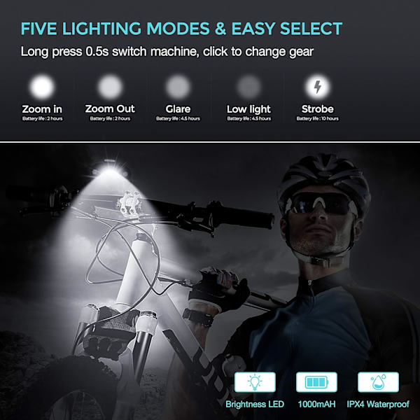 USB-oppladbar sykkellyssett, sykkellyssett superlys 3 LED-frontlys, hurtigutløsning, 360° rotasjon