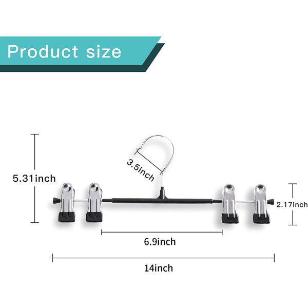 Buksehengere med klips 10-pak Justerbare Skjørtehenger for kvinner Sklisikre Buksehenger for Jeans Kleshengere, Svart, 12 tommer