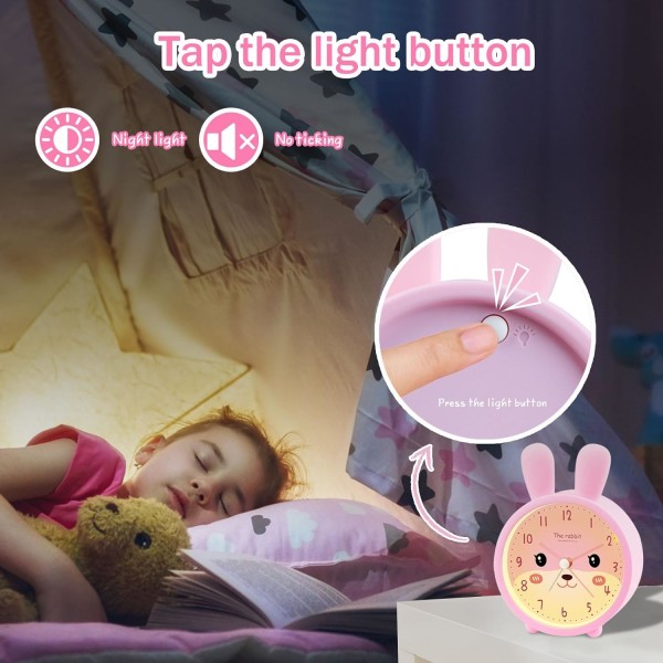 Barnklocka för flickor, tyst morgonväckarklocka utan tickande, analogt upplyst larm, enkel att ställa in, batteridriven (Rosa Kanin)
