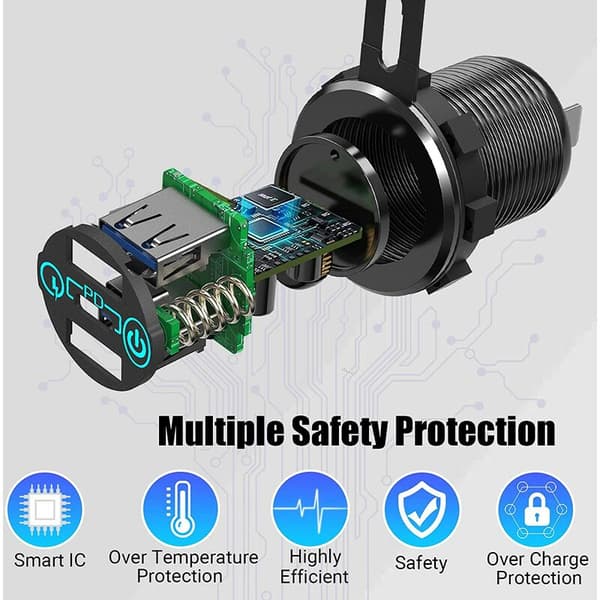 3.0 PD3.0 Trippel USB-billader 12V 24V 60W USB-C Multilader med strømbryter for båt, lastebil, bobil
