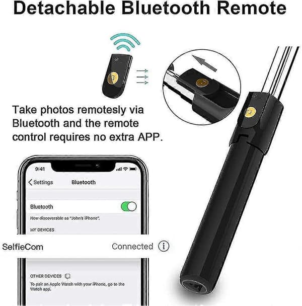 Bluetooth Selfie Stick Stativ Med Fjernkontroll, Roterende Selfie Stick
