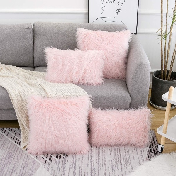 Sæt med 2 lyserøde fluffy pudebetræk Ny luksusserie Merino Style Blush Faux Fur Dekorative pyntepudebetræk Firkantet fuzzy pudebetræk 18x18 tommer