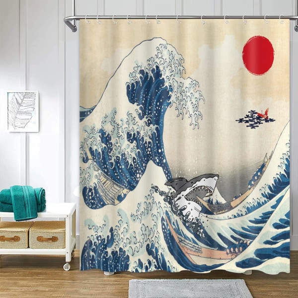 Ocean Cool Shark Red Sun Crane Asian Anime Bruseforhæng 72 x 72 Tommer Hokusai Æstetiske Mænds Badeværelse Indretning Gardiner Vandtæt Stof