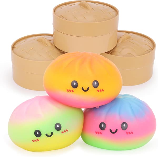 Toyland® Tie Dye Squishy Bao Dumpling Sensorisk Fidget Legetøj med Plast Dampboks - Klemmelegetøj til Børn - Alder 3+ Tie Dye