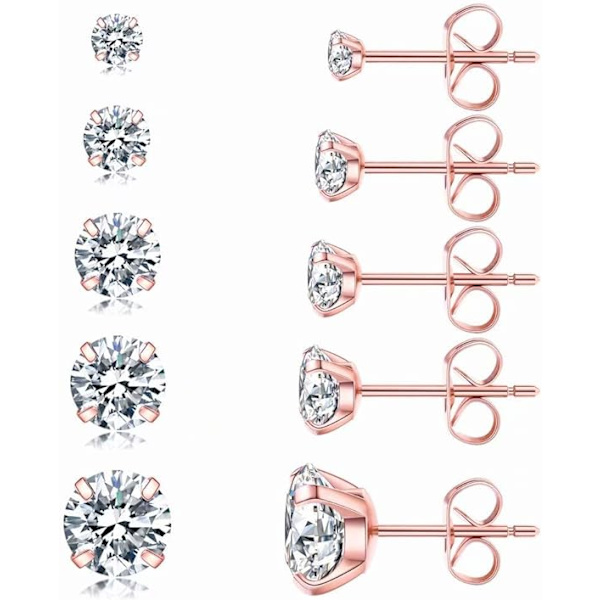 5 par örhängen set, hypoallergena kubiska zirkonia 316L örhängen rostfritt stål CZ örhängen 3-8mm