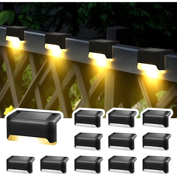 Solcellslampor för utomhus, 12-pack trappbelysning, vattentäta LED-lampor för utomhustrappor, steg, staketdekoration (svart, varmvit) [Energiklass A] Black