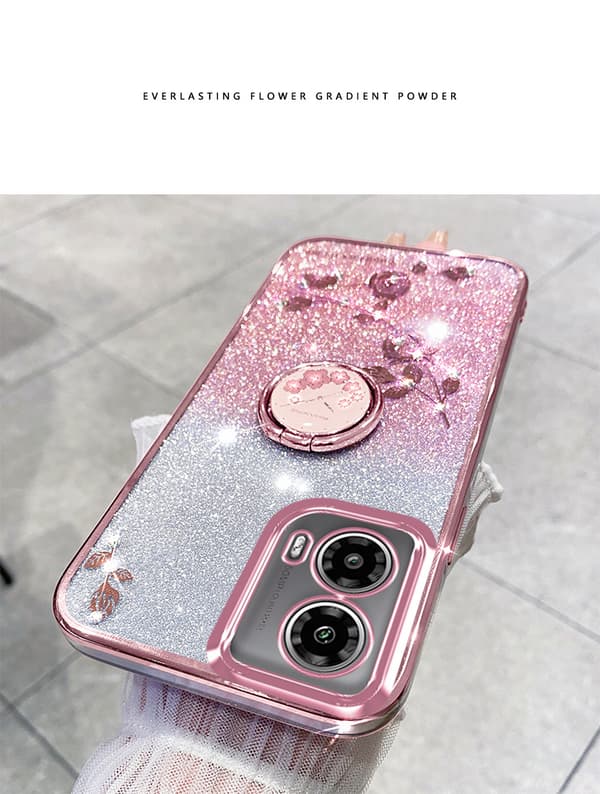 Gradient Glitter Blommig Ring Telefonfodral med Ställfunktion Universal Passform (Rosa, För Motorola Edge 50 Fusion)