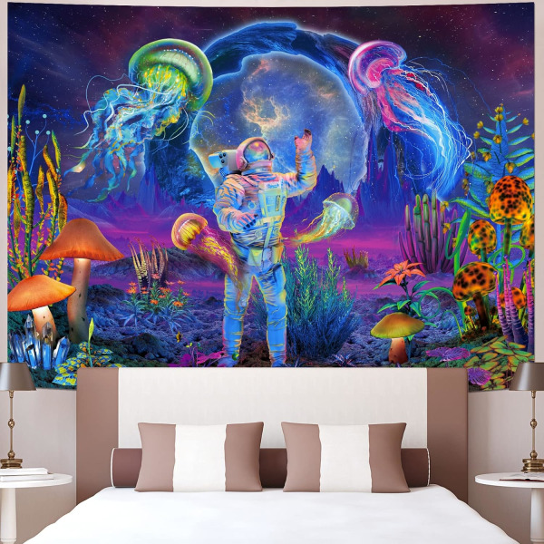 Blacklight Astronaut Gobelin UV-reaktiv Planter Maneter Neon Galaxy Space Veggteppe for Rom W59×H51