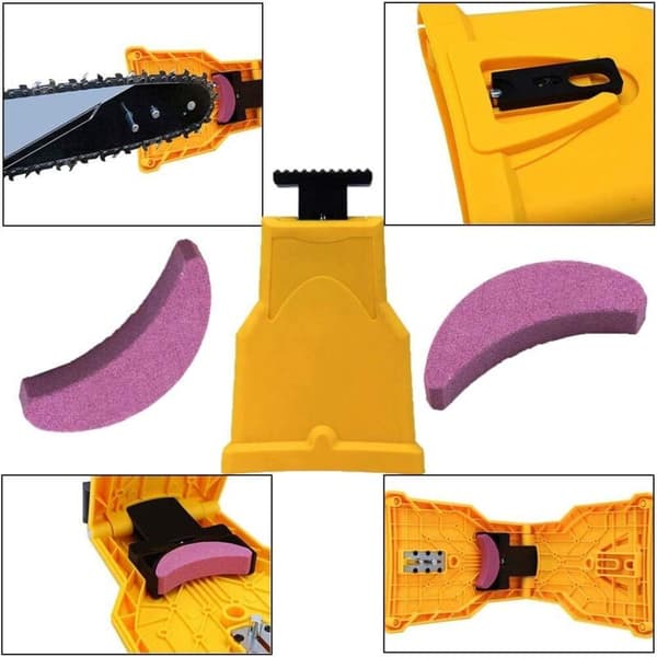 Chainsaw Sharpener. Automatic Sharpener (1 pc). Replaceable Grinding Stone (3 pcs). Adjustable Guide Bar with 2 Guide Holes (yellow)