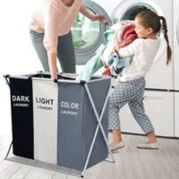 Uppgraderad hopfällbar tvättkorg med 110L tvättpåse och aluminiumstativ, mer stabil och robust hopfällbar tvättkorg med 3 fack.