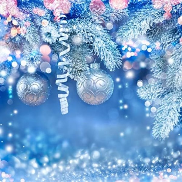 Vinter jul duschdraperi, Blå Bokeh Snowflake Glitter Julkulor Blad Baddraperier med krokar för barnfamiljen 71" x 71"