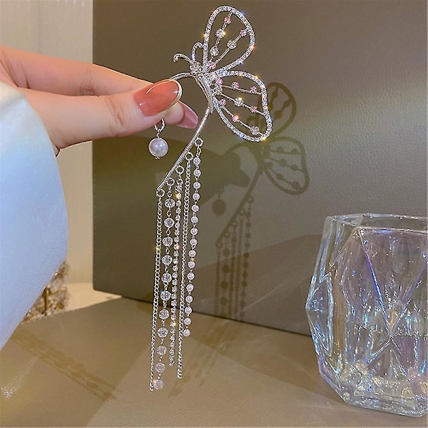 Glitrende Krystal Perle Sommerfugl Øre Cuff Clip Ørering Wrap Crawler Dame Smykker