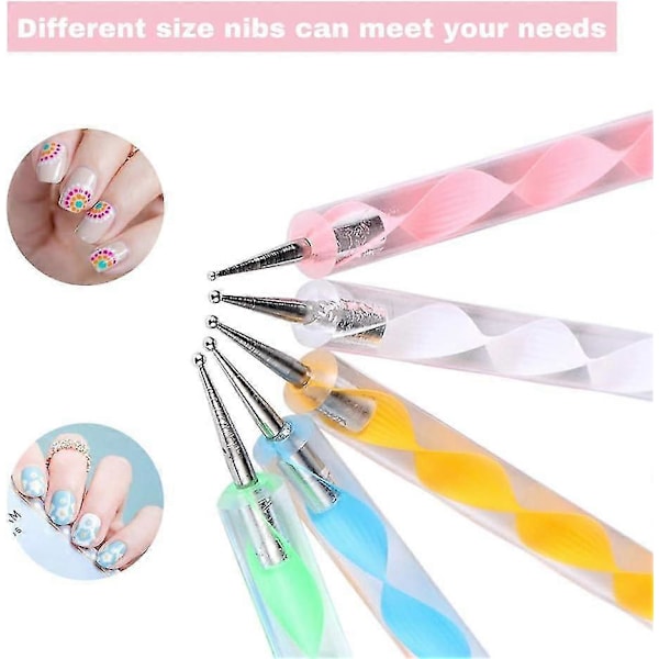 5-pack Nagelprickpenna Marmorering Prickmålning Penna Polish Carving Verktyg Måla Manikyr Prick Nagelkonst Set - Flerfärgad