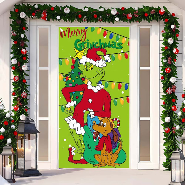 Juledeksel for dør, Merry Grinchmas-skrift, skilt for veranda, vinter, nyttår, jul, juledekorasjoner og -utstyr til hjem og fest