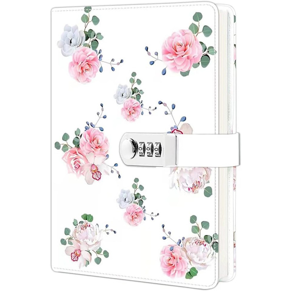 A5 Kreativt lösenordslås Journal PU Läder Kombinationslås Dagbok, 220 Sidor Digital Dagbok för Flickor (Rosa Blomma)