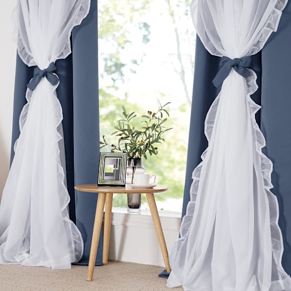 Dekorative franske landlige gardiner med elegant design og knytebånd, 132,08 cm B x 213,36 cm L, blå tåke, 2 deler