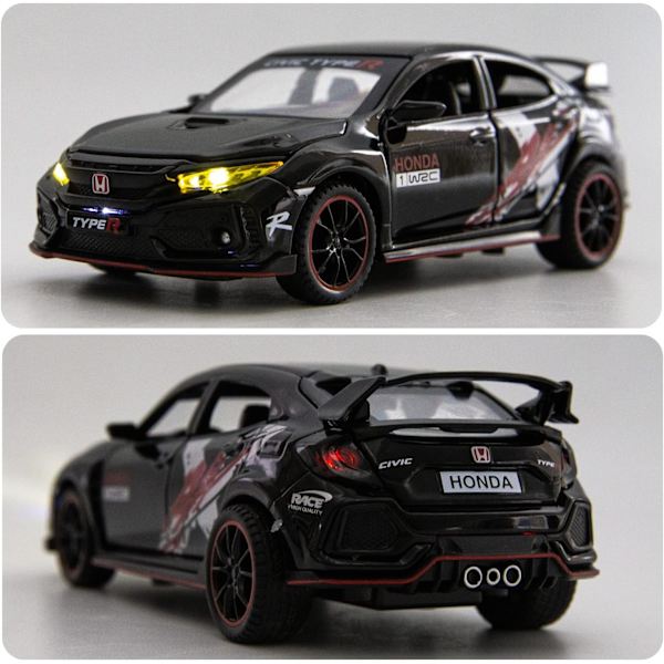 Diecast-auto 1/32 Honda Civic Type-R -malliauto, vetäytyvä leluauto valoilla ja äänillä
