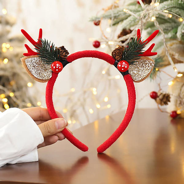 Julehjortepandebånd til kvinder, glitter rensdyrgevir hårbånd, hårtilbehør, hovedbeklædning til juledekorationer (rød)