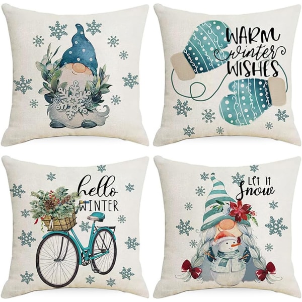 4 stk. Merry Christmas pudebetræk Julemand gaver juletræ firkantede pudebetræk linned lynlås pudebetræk (18x18 tommer)