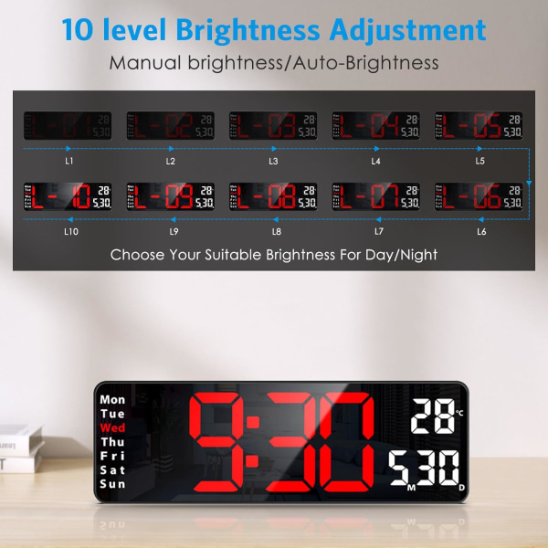 Digital klocka, 13\" stor display digital väggklocka för vardagsrumsdekor, LED stor väggklocka med fjärrkontroll, timer, 12/24H