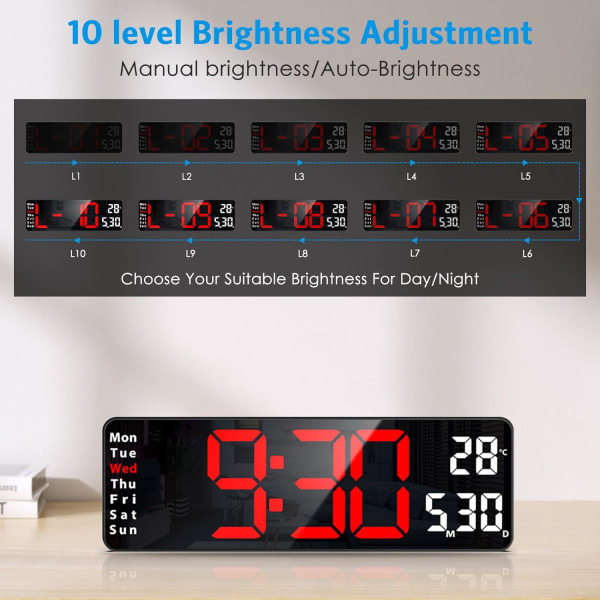 Digitalt ur, 13\" stort display digitalt vægur til stueindretning, LED stort vægur med fjernbetjening, timer, 12/24H