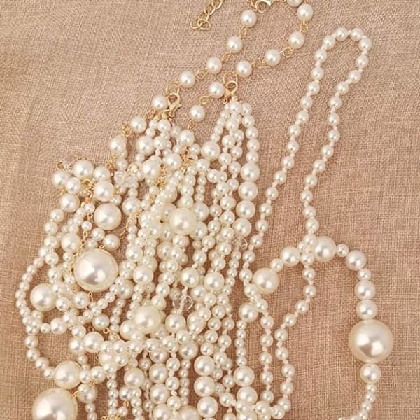 Flerskiktat halsband med konstgjorda pärlor, flapperpärlor, långt chokerhalsband