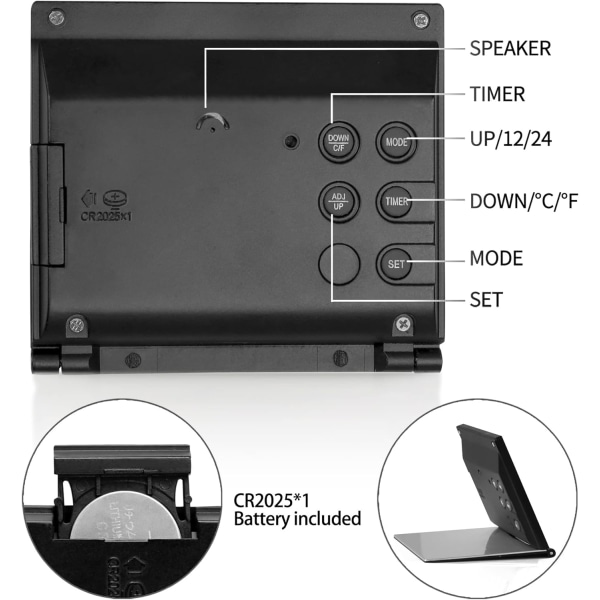 Digital resealarmklocka - Fällbar kalendertemperaturtimer LCD-klocka med snooze-läge - Stor sifferdisplay, batteridriven skrivbordsklocka