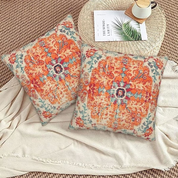 Orange Bohemian Kuddfodral 18x18 Set om 2, Etnisk Mönster Kuddfodral Bohemian Lantlig Hus Soffa Inomhus och Utomhus Dekoration