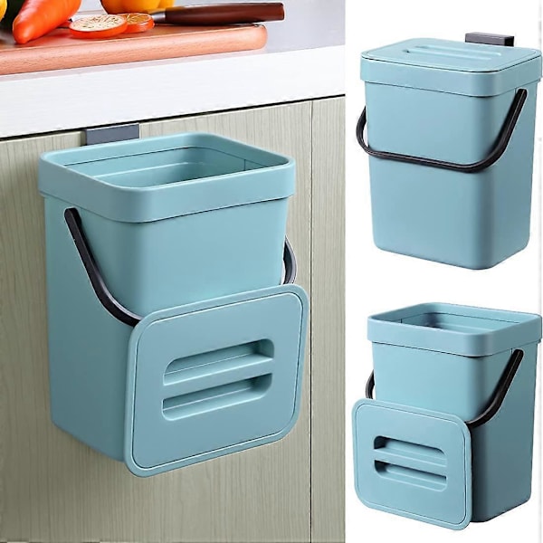Compost Bin for Kitchen, Hanging Small Trash Can with Sealed Lid, 5 Liter, Mountable Compost Bin for Kitchen/Bathroom/RV (Blue)