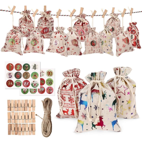 24 Julekalenderposer Burlap Hængende Adventskalender Girlande Slik Gavepose DIY Nedtælling