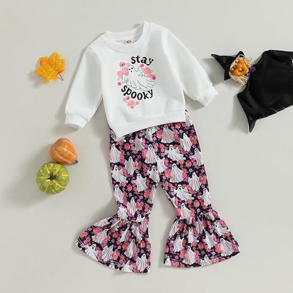 Toddler Baby Girls Halloween Tøj Kid Girl Sød Græskar Print Outfits Pullover Sweatshirts og Flare Bukser Sæt（Størrelse：90CM）Foreslå Alder: 12-18Måneder White 90cm