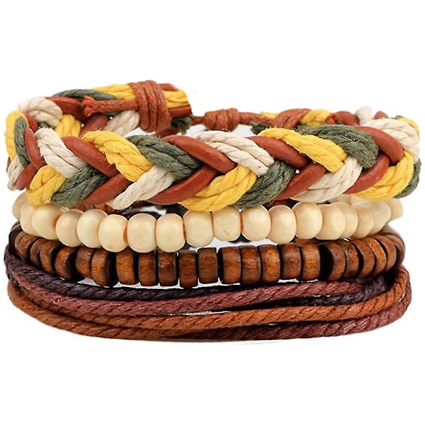 Herre Armbånd Sæt Perler Læder Strandet Multilayer Flettet Reb Justerbar