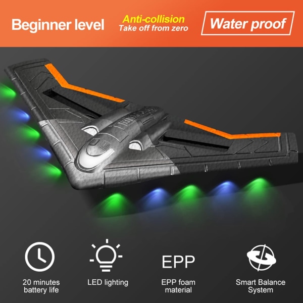 2,4 GHz Delta Wing Fly med LED-lys, Innebygd Gyro Stabiliseringssystem, EPP Skummateriale Fast Wing Fly, Egnet for Nybegynnere (Oransje)